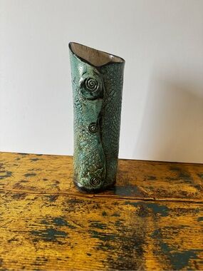 Textured Raku Turquoise Green Vase